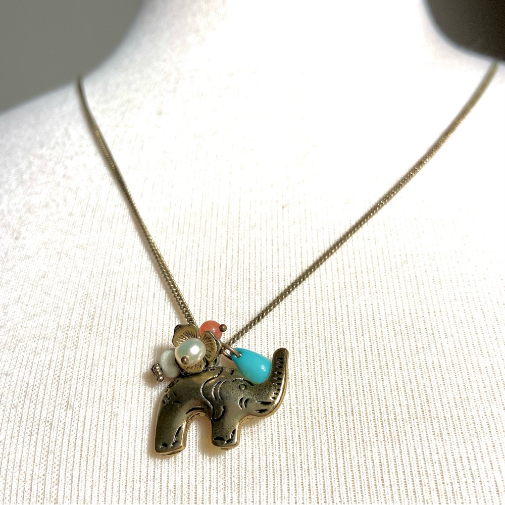 Elephant Pendant Long Necklace Turquoise Pearl Accent Dangles